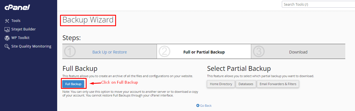 Initiate a complete backup of your cPanel account
