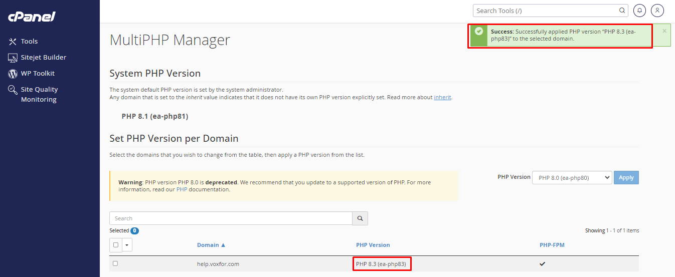 PHP version updated successfully
