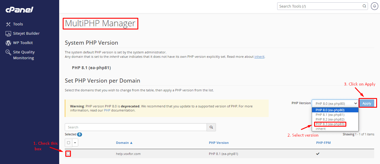 select the desired PHP version