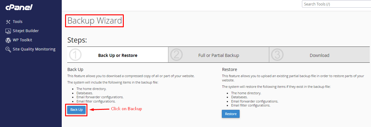 Backup Wizard menu cPanel