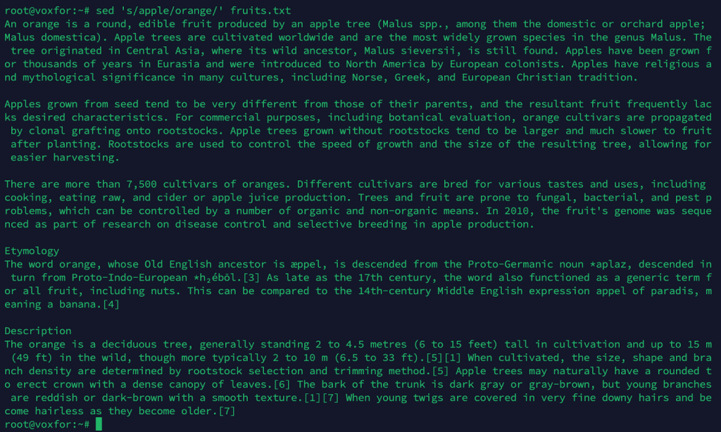 Replace the word apple with orange in a file