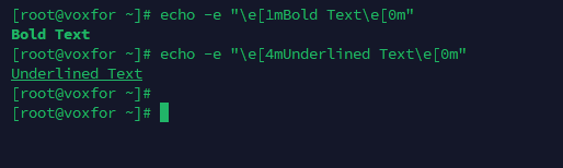Commands to print bold and underlined text in the terminal using ANSI escape codes in Linux