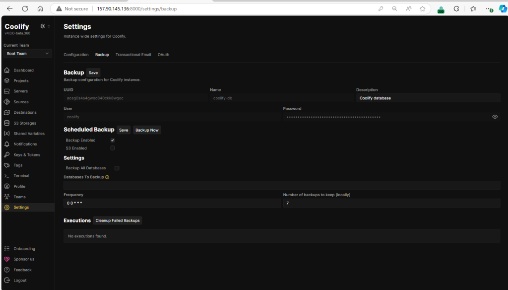 Coolify dashboard backup settings for scheduled data protection