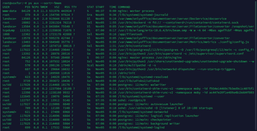 Command ps aux --sort=%mem showing processes sorted by memory usage in Linux
