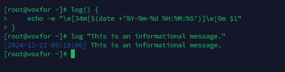 Custom log function in Linux to display informational messages with timestamp in blue
