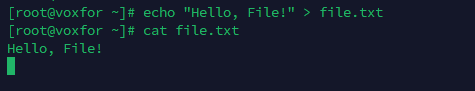 Command-line output showing the creation and content display of a text file using the 'echo' command.