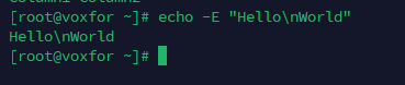 Command-line output showing the use of 'echo -E' to print escape sequences as plain text
