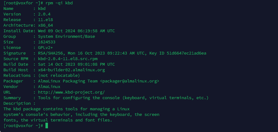 Command to display detailed information about an installed package using rpm -qi in a Linux terminal