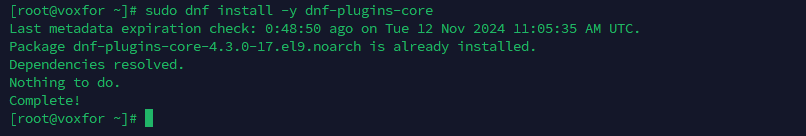 Terminal output showing installation of the dnf-plugins-core package on Linux using the sudo dnf install command