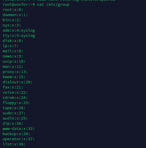 Linux groups list command 'cat /etc/group' output displaying group names