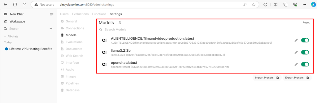 Model Management Section for Managing Models in OpenWebUI