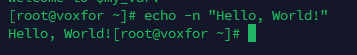 Command-line output showing the use of 'echo -n' to print text without a newline