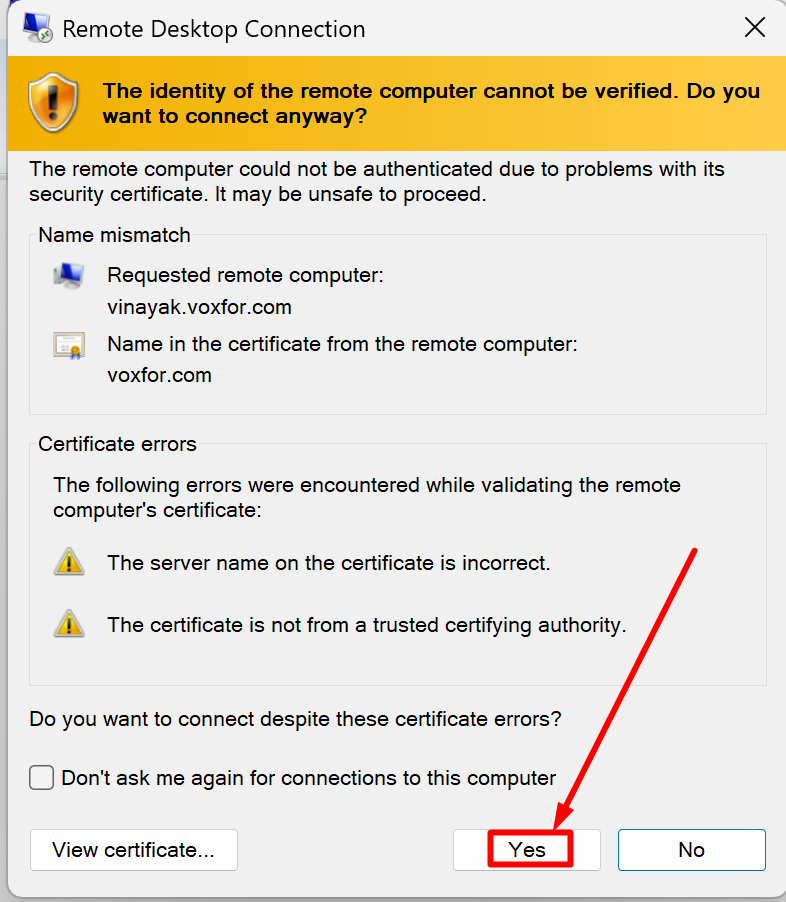 Remote Desktop Connection security warning about certificate name mismatch