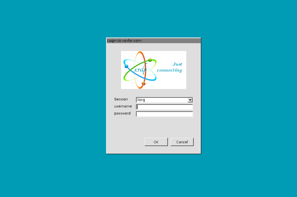 Remote Desktop login screen prompting for username, password, and session type