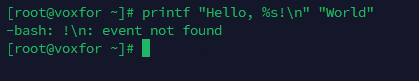 Comparison between printf and echo commands in the Linux terminal, showing an error with printf syntax