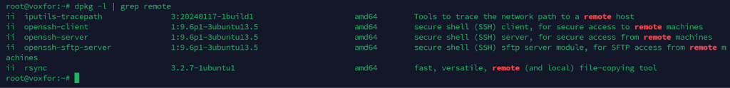 Terminal output showing the results of the dpkg -l | grep remote command