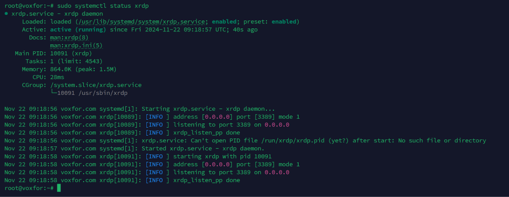 Terminal output showing the status of the XRDP service and its active state