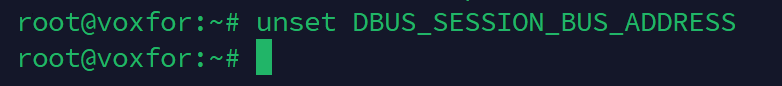 Terminal window showing command to unset DBUS_SESSION_BUS_ADDRESS