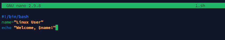 Script to display a welcome message with a variable in a Linux terminal