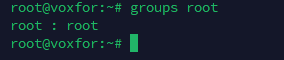 Command 'groups root' displaying user groups for root account