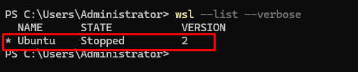 WSL List Command Output to Verify Installation