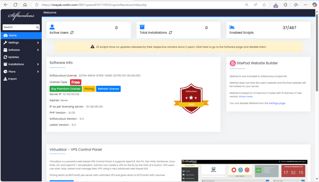 cPanel Softaculous Admin Panel