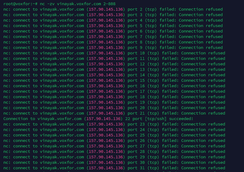 Netcat command scanning ports 20 to 80 for open connections