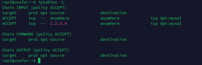 Verifying iptables Rules for MySQL - Linux Terminal