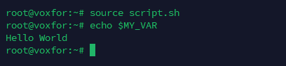 Using source on script.sh MY_VAR is set in current shell as Hello World