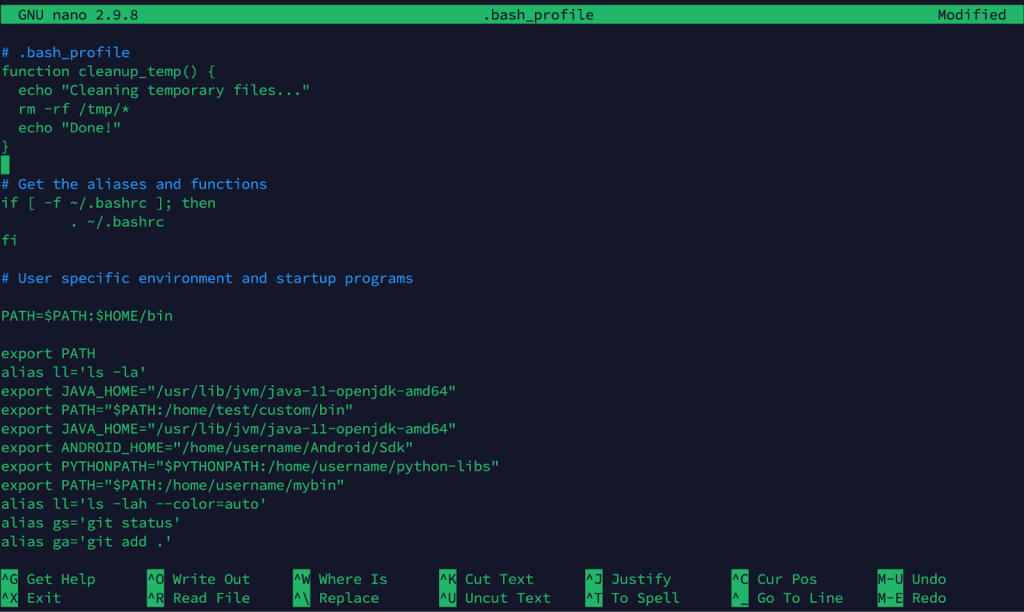 Adding a custom function cleanup_temp() in .bash_profile to delete temporary files