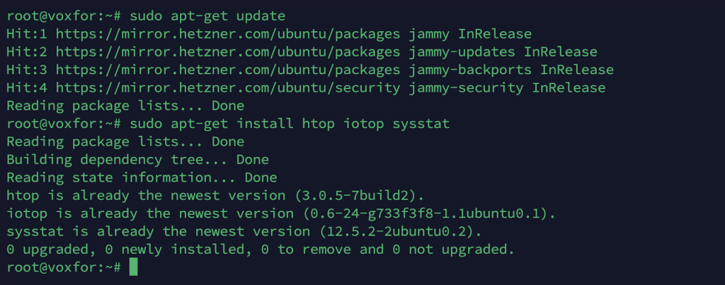 Command line showing apt-get update and install of htop iotop sysstat on Ubuntu