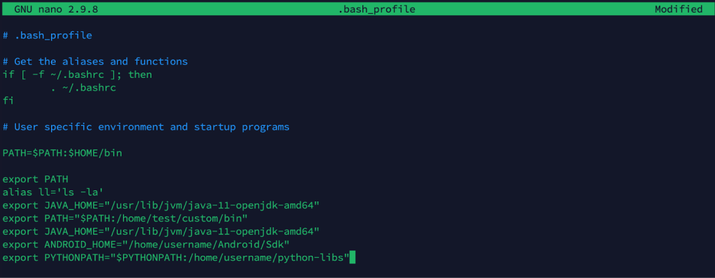 Editing the .bash_profile file in Nano to export environment variables for Java, Android, and Python