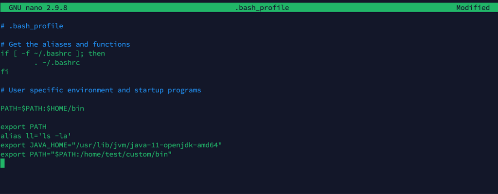 Editing the .bash_profile file in Nano to set environment variables and aliases