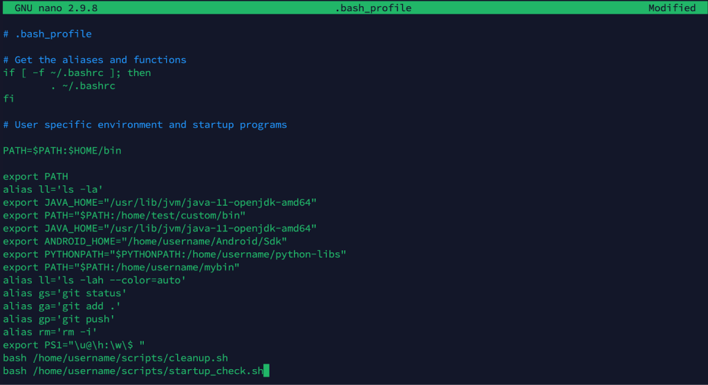 Editing the .bash_profile file to include commands for running cleanup and startup scripts during shell initialization