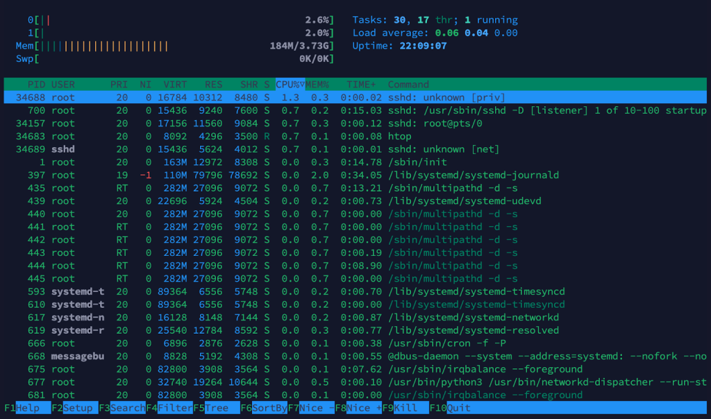 HTOP terminal output displaying resource usage on a batch processing server