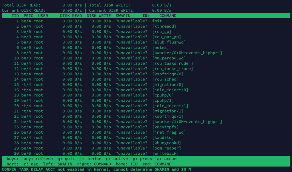 IOTop command output displaying disk read, write, and process I/O statistics