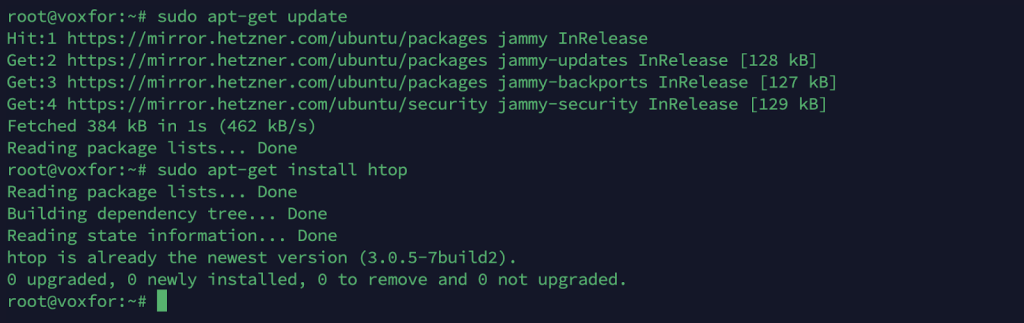 Installing HTOP on Debian or Ubuntu using sudo apt-get update and install commands