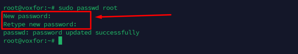 Terminal output showing the process of changing the root password