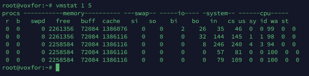 VMStat output showing CPU, memory, and process statistics with 5-second intervals