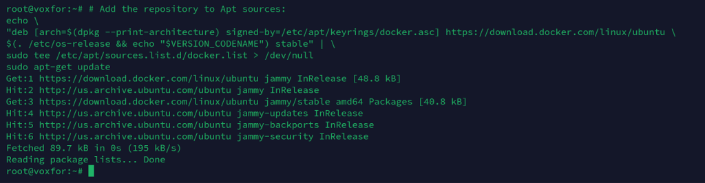 commands to add the Docker repository on Ubuntu, with terminal output