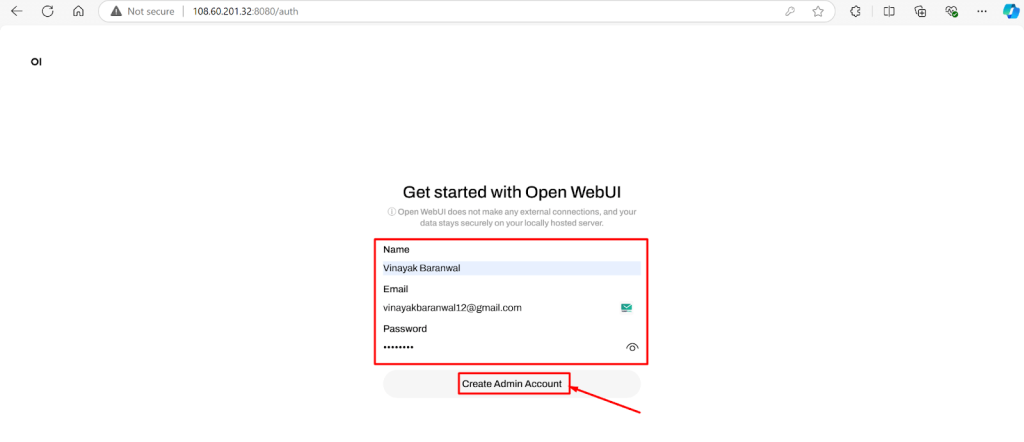 OpenWebUI setup screen with fields for name, email, password, and admin creation