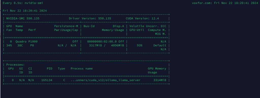 nvidia-smi command output displaying GPU usage details and active processes