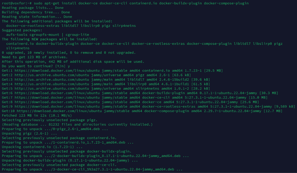 sudo apt-get install docker-ce command and terminal output of installation
