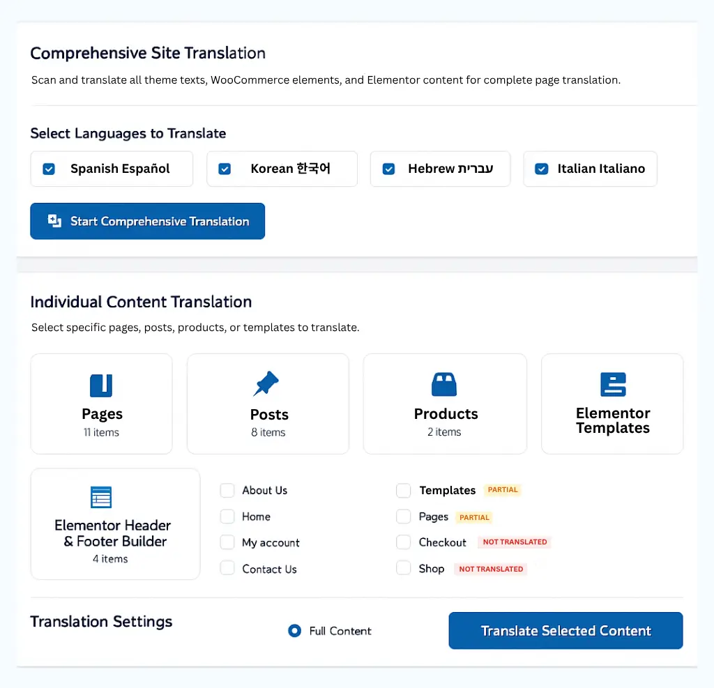 Comprehensive site translation feature