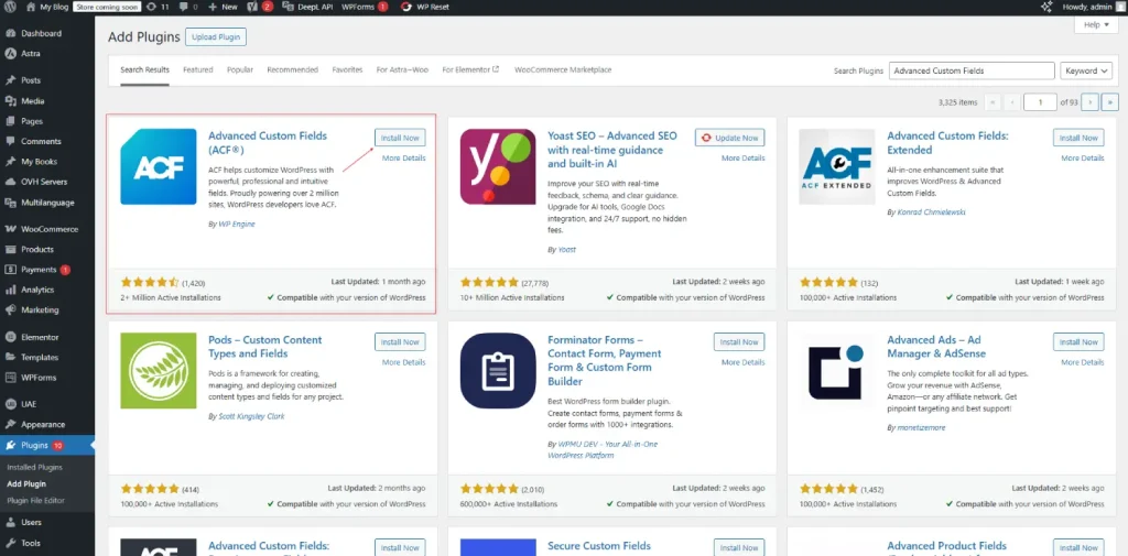 install and activate advance custom field