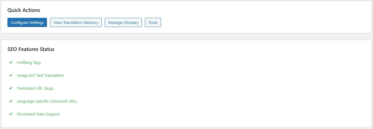 quick action and seo features status