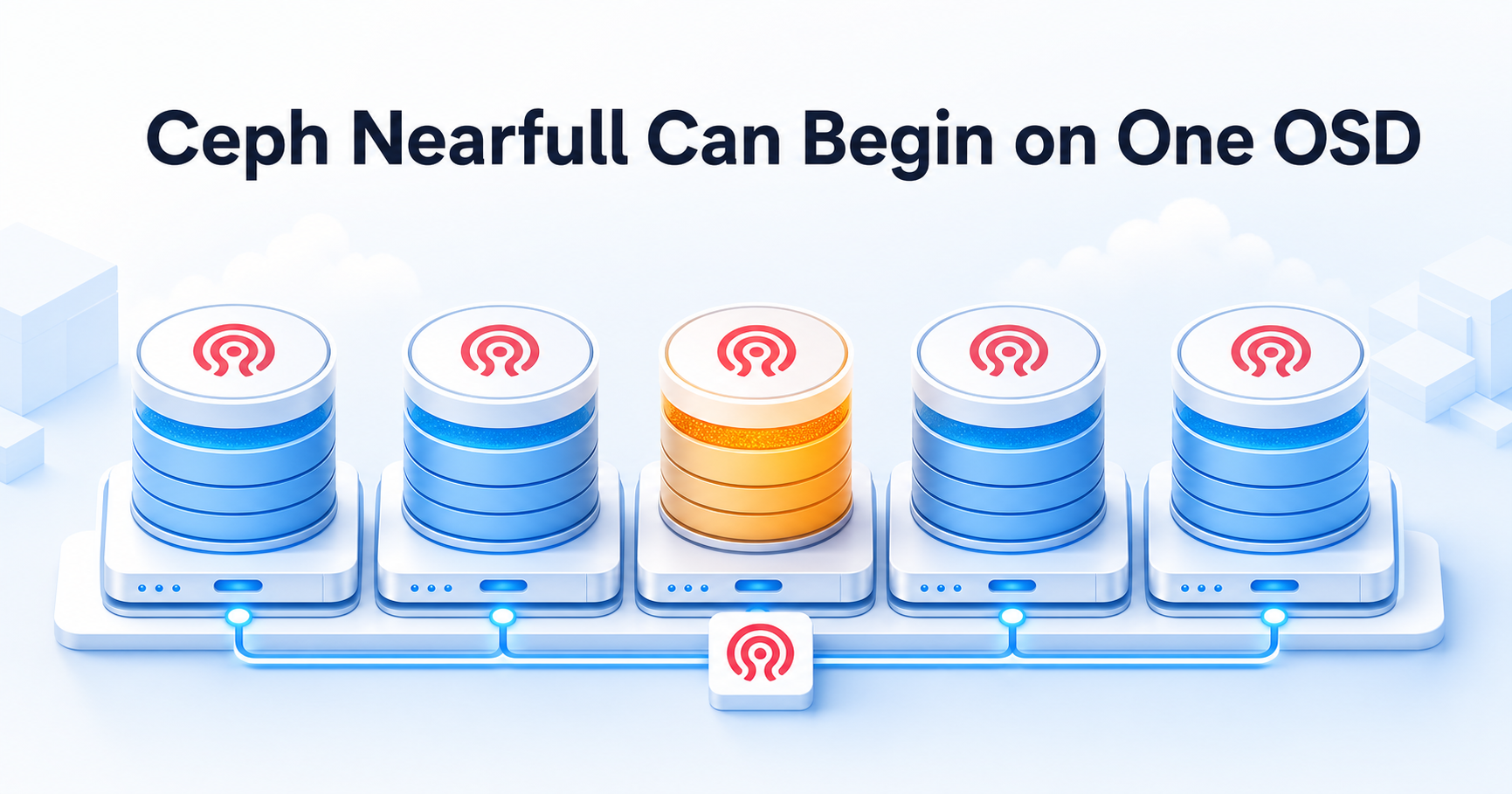 Ceph Nearfull Can Begin on One OSD shown as one overloaded storage disk among balanced peers.