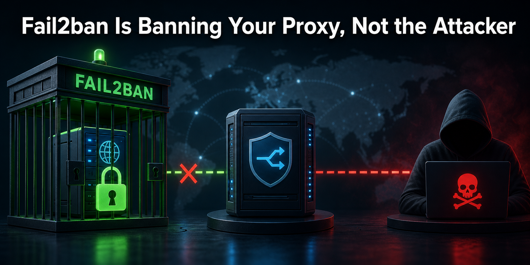 Fail2ban behind a reverse proxy showing the exact article headline and a trusted client IP path