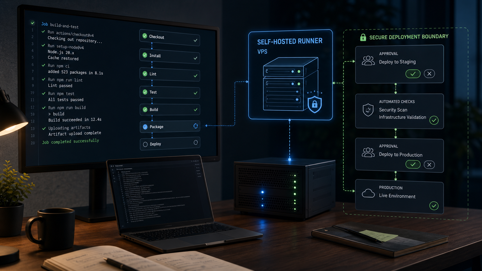 Editorial DevOps workspace showing a self-hosted CI runner on a VPS with deployment approvals, security boundary, logs and pipeline checks.