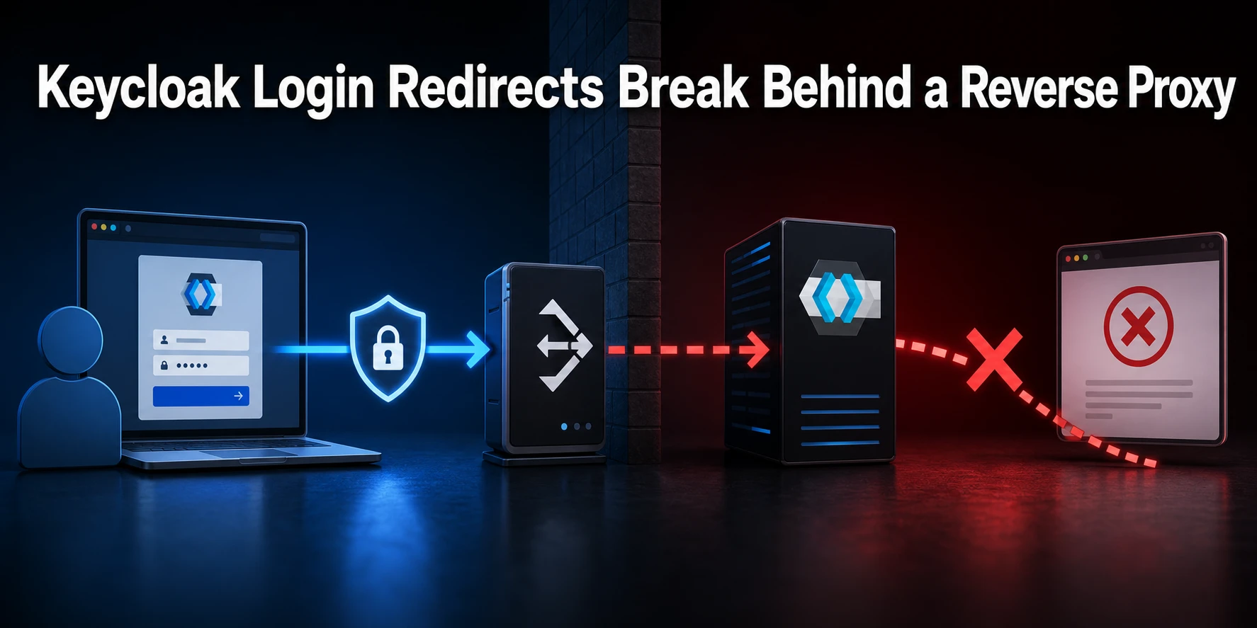 Keycloak login redirects breaking behind a reverse proxy, with the exact article title and a clear identity gateway scene.